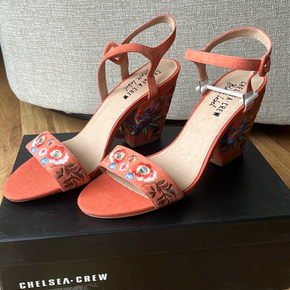 Chelsea Crew floral embroidered heels in “feisty coral” color.